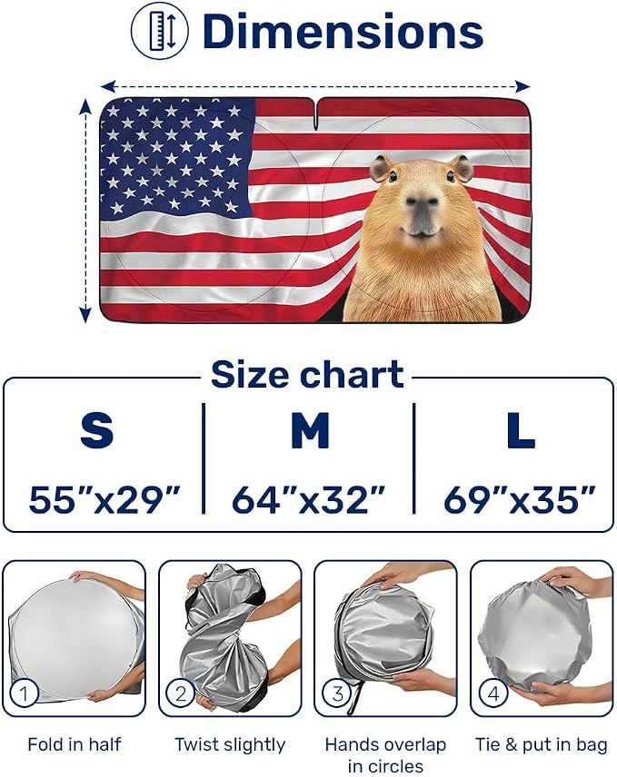 GENANY Capybara Flag Windshield Sun Shade for Car SUV Truck (64x32 Inches), Automobile Sunshade, Protector Blocks UV, Car Decor