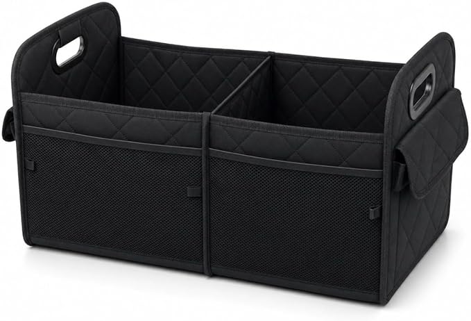 Car Organizer Caddy Oxford Quilted Trunk Organizer, Waterproof Storage Tote with Handles for Front Seat, Backseat, SUV, Truck, Van, Black