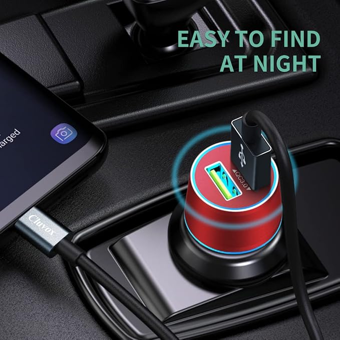 Rapid USB C Car Charger, Compatible for Samsung Galaxy S26/S25 Plus/Ultra/S24/S23/S22/S21/Note 20/S20/S10/S9/A56/A36/A50/A70, Quick Charge 3.0 Dual USB 18W Fast Car Charger+ Type C Cable 3.3ft-Red