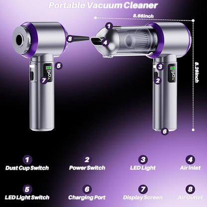 Car Vacuum Portable Cordless, 22000PA High Power Handheld Vacuum Cordless with Brushless Motor & LED Light, Small Vacuum for Car, Home, Pet, Office