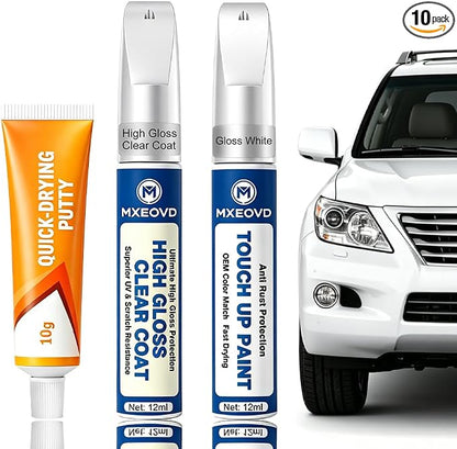 Gloss White for Car Touch Up Paint Kit, All-in-One Car Paint Scratch Repair Kit with Fast Dry Putty and Glossy Clear Coat,Easy At-Home Car Scratch Restoration