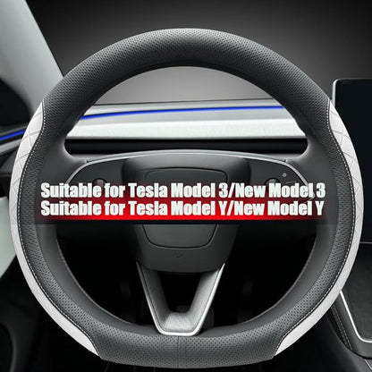 LKWLIKEI Leather Steering Wheel Cover. Elegant Diamond Checkered Design, Non-Slip and Breathable, for Tesla Model 3/Y Steering Wheel Protector,Black White