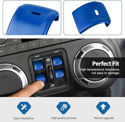 Jimen for JK Window Button Covers, 4PCS Center Console Window Switch Cover Interior Trim Kits Compatible with Jeep Wrangler JK & Unlimited 2012-2018, Aluminum Alloy (Blue)