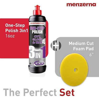 menzerna All-in-One polishing Kit I Car polishing Set with Menzerna One-Step Polish 3in1 (16oz) and 6 Inch Polishing Pad I Moderate Scratch Remover, high Gloss and Wax Kit for All Types of Vehicles