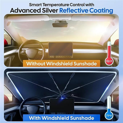 EcoNour Umbrella Windshield Sunshade for Ford Fusion 2013 2014 2015 2016 2017 2018 2019 2020 2021 | Front Windshield Sun Shade UV Heat Blocker | Foldable Reflective Car Sun Visor Interior Accessories