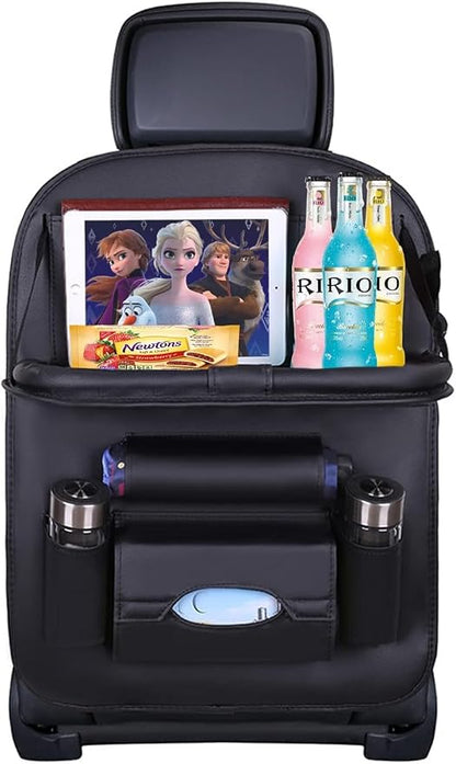 Premium PU Leather Backseat Seat Organizer with Foldable Table, Multi-Storage Pockets and Adjustable Buckle Strap for Automobiles