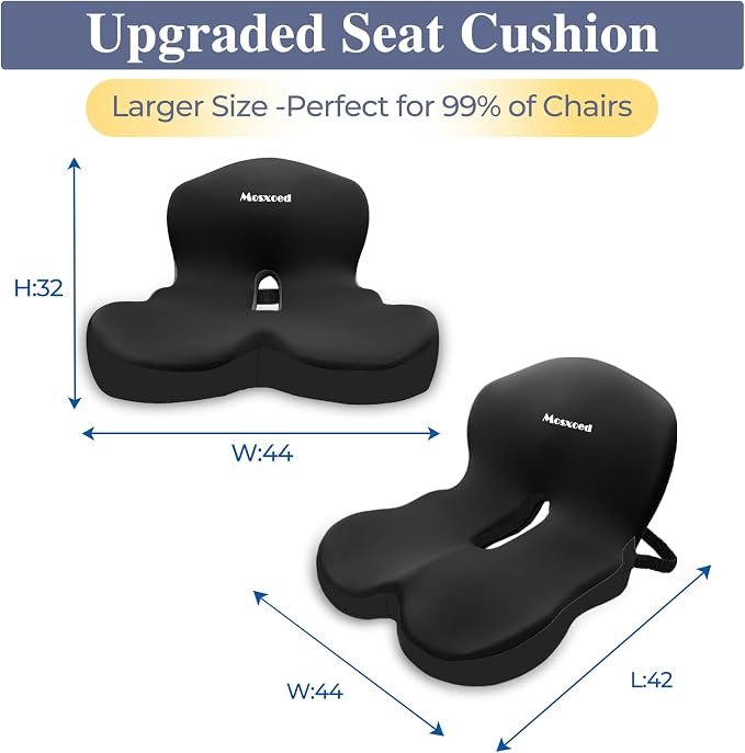 Memory Foam Seat Cushion for Sciatica & Back Pain Relief - Ergonomic Chair Pad with Adjustable Strap & Supportive Comfort Cover, Non-Slip for Car, Truck, Office Chair -Black