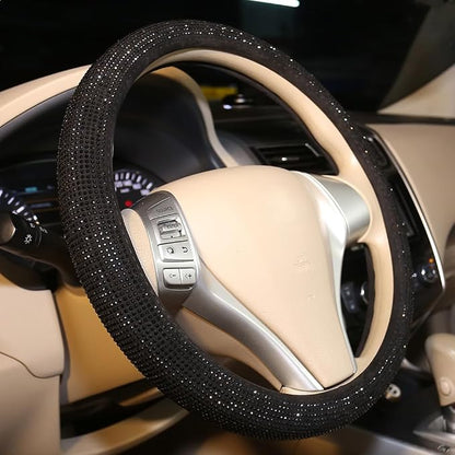 Bling Steering Wheel Cover Women Girls Black Rhinestone Car Accessories 15 Inch Universal Crystal Diamond Cool Bling Anti-Slip Wheel Protector