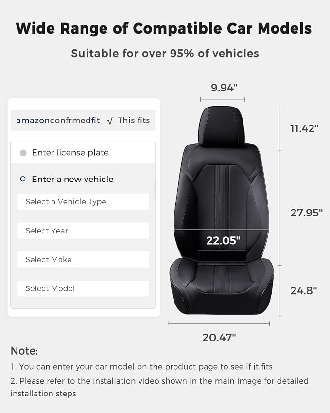 Huidasource Front Seat Covers, Luxury Faux Leather Front Car Seat Cover, Compatible with Airbags, Seatbelt Buckles, Perforation, Cooling＆Heating, Universal Fit for Most Cars, Vans, Trucks, SUVs, Black