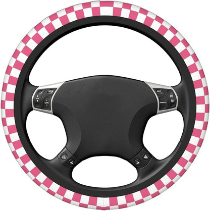 Pink Checkered Steering Wheel Cover for Women,Universal Auto Steering Wheel 14-15 Inch Car Interior Accessories with 2PCS Car Coasters,Suitable for Men and Women