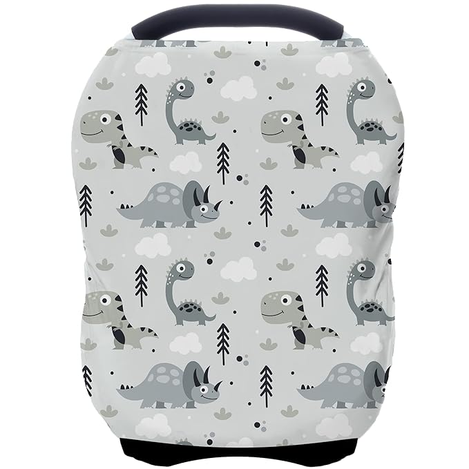 Car Seat Covers for Babies - Multi- use Nursing Carseat Canopy, Breastfeeding Covers, Baby Shower Gifts for Boys and Girls (Grey Dinosaur)