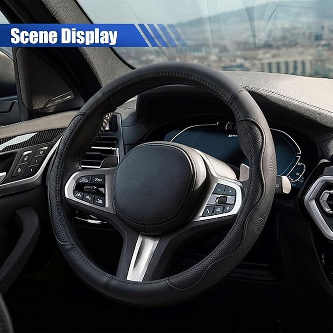 Car Steering Wheel Cover, 15 Inch Leather Anti-Slip Breathable Automotive Steering Wheel Protector, Universal Heat Resistant Vehicle Interior Accessories Cars, SUVs, Trucks (Blackline)
