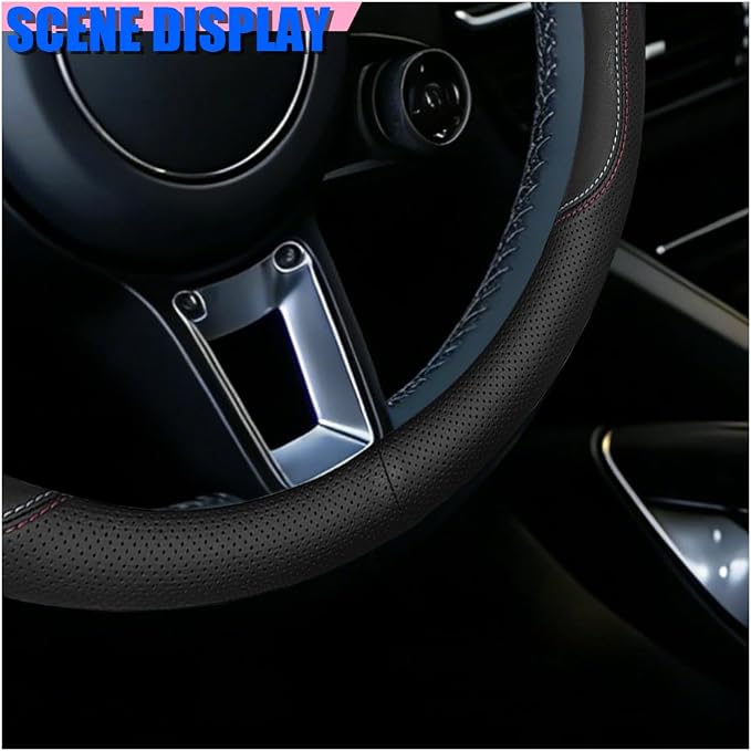 Craedli Nappa Leather Car Steering Wheel Cover, Breathable Non-Slip Automotive Steering Wheel Protector Universal Fit 14.5-15 Inch, Car Interior Decoration Accessories for Trucks, SUVs (Dual-Line)