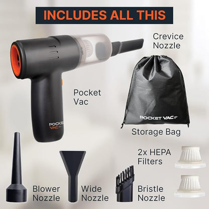 Pocket Vac 2-in-1 Cordless Handheld Vacuum and Blower – Rechargeable, Compact, Portable Mini Vacuum Cleaner for Car, Home, Kitchen, Pet Hair and Crumbs – with Reusable HEPA Filter – Great Gift Idea