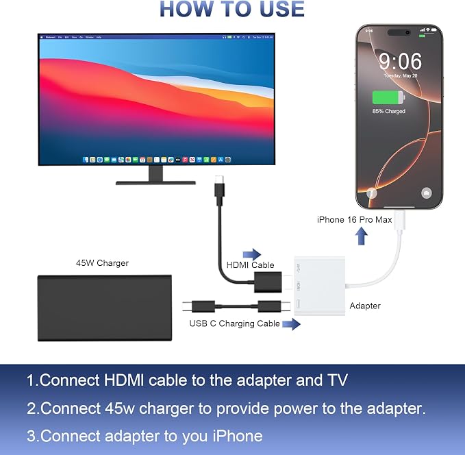 MTAKYI 100W USB C to HDMI Adapter Upgraded Wireless Carplay and Android Auto Dongle Support Netflix/YouTube, CarPlay Ai Box with USBA-C and USBC-C Cable for iPhone Android