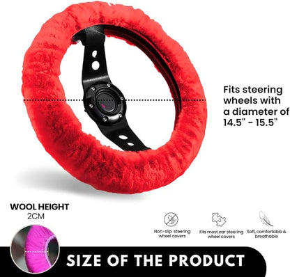 Andalus Brands Luxury Fluffy Car Steering Wheel Covers – Genuine Merino Sheepskin, Soft Fuzzy Car Steering Wheel Cover for Women, Universal 14.5-15" Size, Plush Fur Cute Auto Accessories,Tangerine Red
