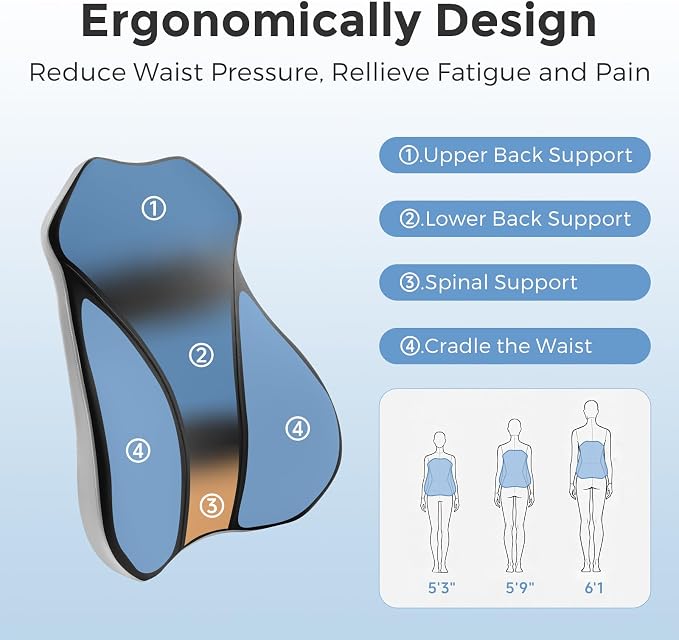 Lumbar Support Pillow for Car, Memory Foam Back Cushion for Driving Seat, Truck Accessories Travel Essentials, Back Pain Relief, Washable Cover, Plus Size Lower Back Support Fits Most Cars (Black)