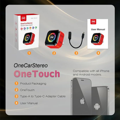 OneCarStereo Wireless CarPlay Android Auto Adapter 4-in-1 Video Mirror, One-Touch Screen Mirroring Dongle with Wireless AirPlay & Miracast, Watch YouTube Phone Apps, Plug & Play for OEM Wired CarPlay