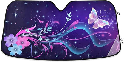 Fantasy Butterfly Flowers Windshield Sun Shade for Car Auto SUV Truck Foldable Front Window Sunshade Sun Visor Protector Block UV Rays Reflect Heat, 55" x 28"