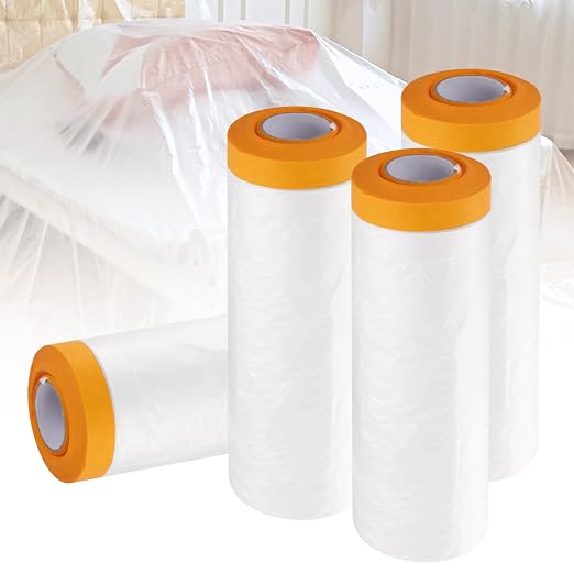 4 Pcs 9.8Ft x 65.6 Ft Plastic Painting Drop Film, Tape and Drape Dust Plastic Drop Cloth, Pre-Taped Masking Film for Automotive Painting Covering