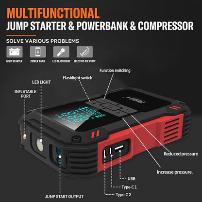 Car Jump Starter with Air Compressor 4000A Peak Battery Jump Starter 14.8V,150PSI Inflator Auto Booster 15000MA Jump Box (up to 10L Gas,8L Diesel Engine),LED Light with Quick Charger USB & Type C