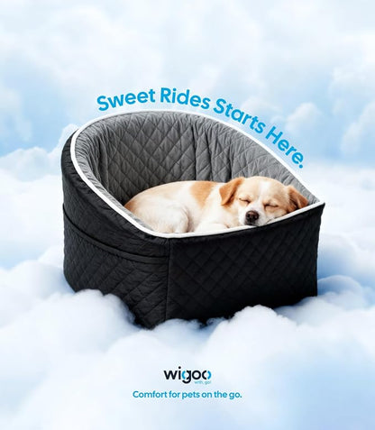 Wigoo Dog Booster Car Seat for Small/Medium Dogs Under 35 lbs, Memory Foam Elevated Seat, Fully Detachable & Washable, Pet Car Travel Home Bed with Storage Pockets, 1 Safety Belt, Black