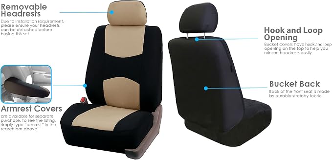 FH Group Flat Cloth Seat Covers Front Seat and Solid Rear Bench Full Set with Gift - Universal Fit for Cars, Trucks & SUVs (Beige/Black)