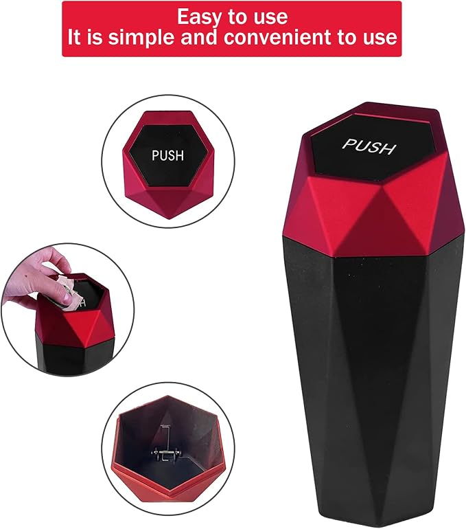 JUSTTOP Car Trash Can with Lid, Easy to Clean, Diamond Design Small Automatic Portable Trash Can, Used in Car Home Office Interior Accessories, 2PCS (Red)