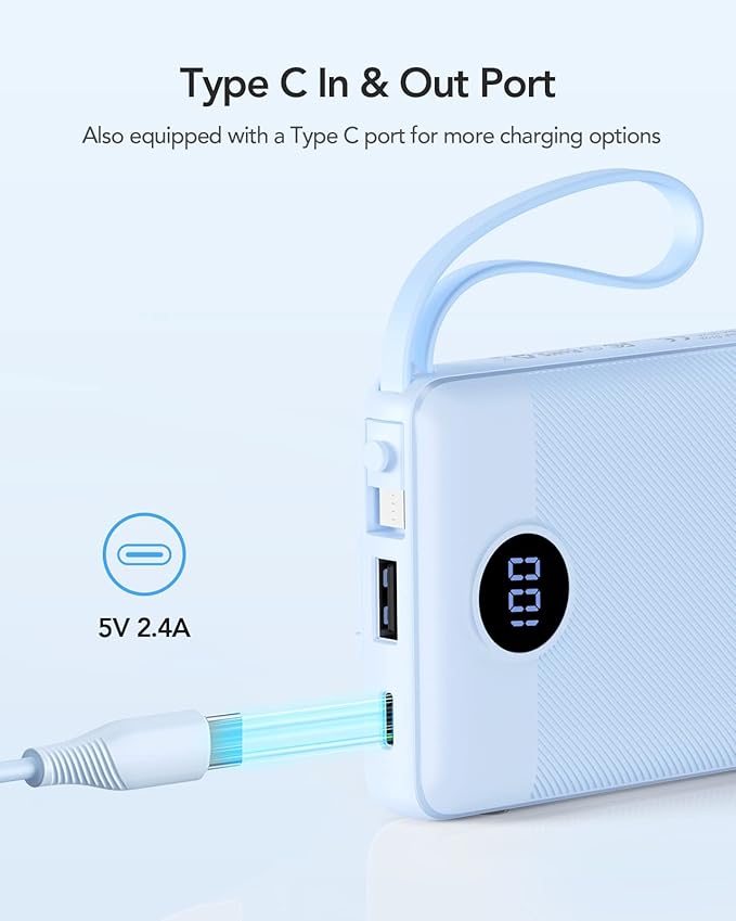 VRURC Portable Charger for iPhone, Built in Cables & Lanyard Power Bank 10000mAh, Compact USB C Charging Bank 5 Outputs for Multi Devices,Travel Essential for Hiking Camping Business Cruise Ship-Blue