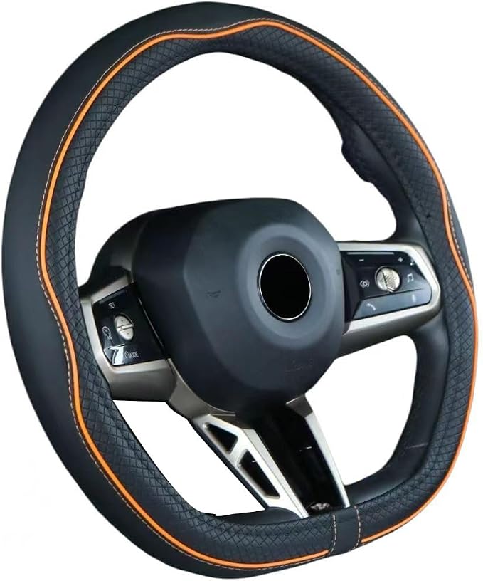 Mayco Bell Flat Bottom Steering Wheel Cover Anti-Slip,Safety,Soft,Breathable,Durable,Full Surround,Comfortable Grip Microfiber Leather (D Shape, Black Orange)