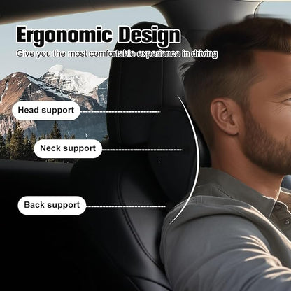 HOPON 2025 Upgrade Headrest Pillow for Tesla Model 3 Model Y with Adjustable Strap,Fits All Vehicles,Car Neck Pillow with Leather,for Head,Neck,Shoulders,Multipurpose,Car Accessories 1 Pack (Black)