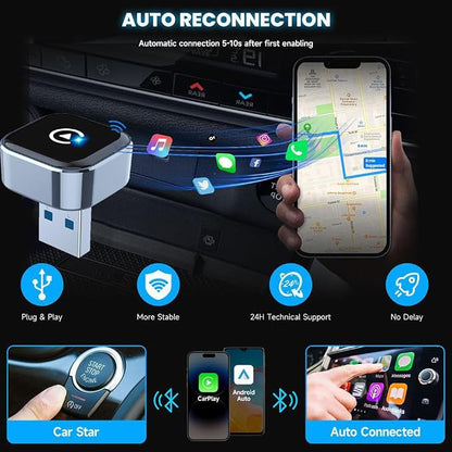 WiFi &Bluetooth 2-in-1 Wireless CarPlay Adapter, Auto Convert Wired to Wireless with USB, Plug & Play, No Delay Car Play with iOS & Android