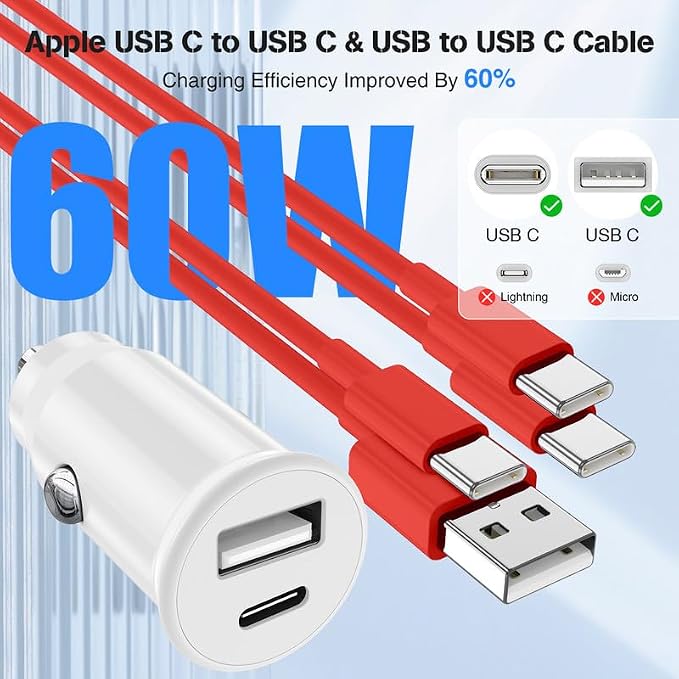 USB C Car Charger for iPhone 17 16 15 Pro Max, 40W Dual Port USB-C & USB-A Car Fast Charging Adapter, 2X3FT C to C Cable & A to C Carplay Cable for iPhone 17 16 15 Series/iPhone Air, iPad, Samsung-Red