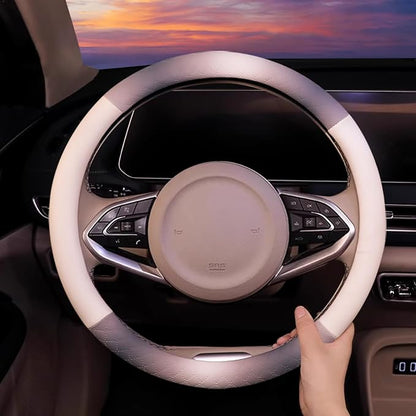 Steering Wheel Cover, Gray White Leather Steering Wheel Cover 14.5-15 Inch Non-Slip Breathable Microfiber Car Steering Wheel Covers for Men Women