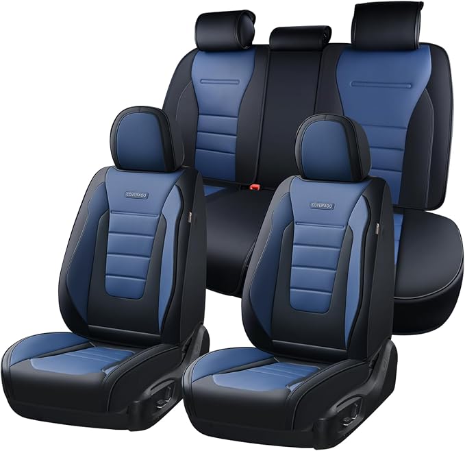 Coverado Car Seat Covers Full Set, Nappa Leather Seat Covers for Cars, Car Seat Protector Car Seat Cushion, Front and Back Seat Protectors Cushions Universal Fit for Most Cars Vehicles(Black&Blue)