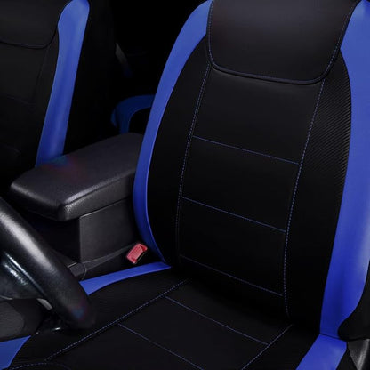 Flying Banner car seat Covers Protects Water Proof Faux Leather Carbon Fiber Front and Rear Bench (Blue Black, Full Set - 9PCS)