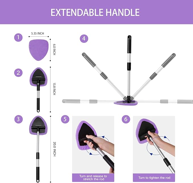 Qydipclin 10pcs Windshield Cleaning Tool Inside Car Window Cleaner Wash Kit with 4 Reusable Microfiber Pads 1 Spray Bottle and Extendable Handle Interior Auto Glass Wiper Kit, Purple