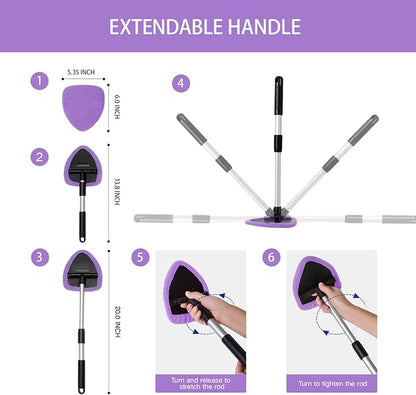 Qydipclin 11pcs Windshield Cleaner Tool, Car Window Cleaning Wash Kit with 6 Reusable Microfiber Pads 2 Spray Bottles and Extendable Handles Auto Glass Wiper Kit, Purple