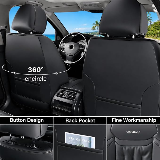 Coverado Front Seat Covers, Luxury Faux Leather Car Seat Protector, Waterproof Seat Covers Seat Cushion, Black Automotive Seat Covers Universal Fit for Most Cars