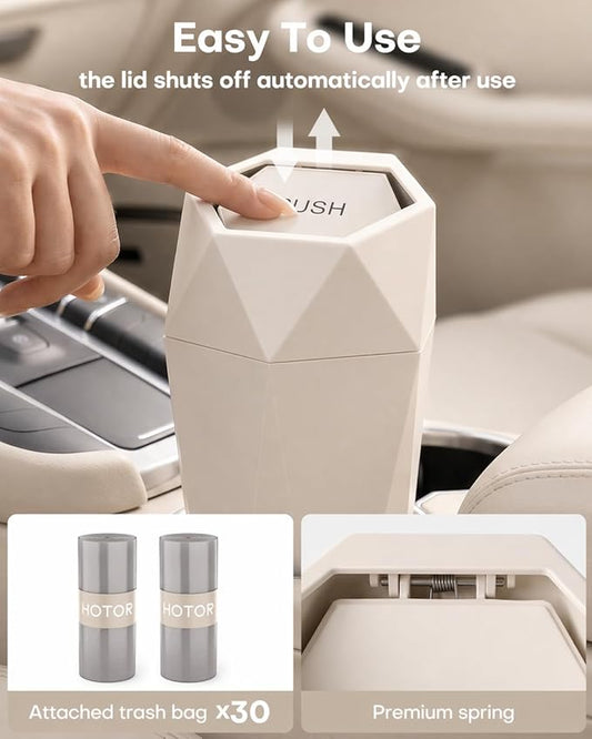 HOTOR Car Trash Can with Lid - 2 Pack, Car Accessories for Interior, Leakproof Vehicle Garbage Can with 30 Attached Trash Bags, Multipurpose Organizers and Storage for Home, Office, Beige