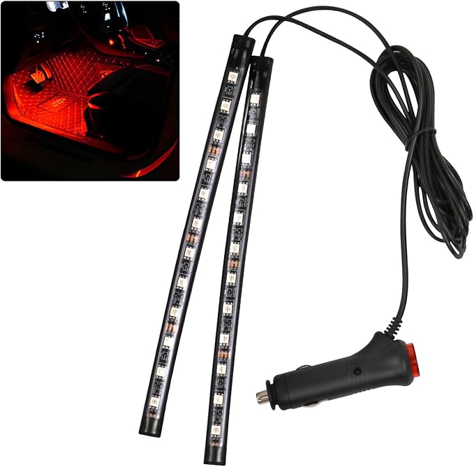 Car LED Strip Light, 12V 24 LED Interior Atmosphere Lights Under Dash Ambient Night Light, Auto Interior Decorative Lamp with Cigarette Adapter Plug, Car Accessories (Red, Cigarette Lighter)