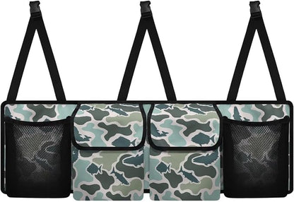 Fish Camo Car Backseat Organizer Waterproof Foldable Cars Interior Organizing Accessories Backseat Hanging Organizer with 4 Storage Bag for Cars Sedans and SUVs