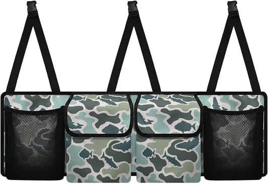 Fish Camo Car Backseat Organizer Waterproof Foldable Cars Interior Organizing Accessories Backseat Hanging Organizer with 4 Storage Bag for Cars Sedans and SUVs