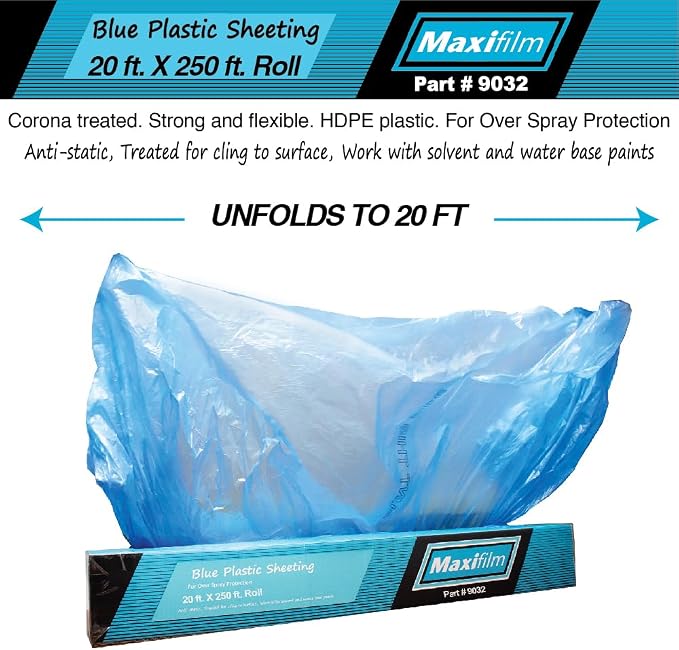 MAXIFILM 20ft x 250ft, 2Roll of Blue Overspray Paintable Masking Plastic Sheeting -8 Micron, 0.3 Mil, Protective Masking Film Cover, Auto Painting, Cover Cloth Home Walls Furniture
