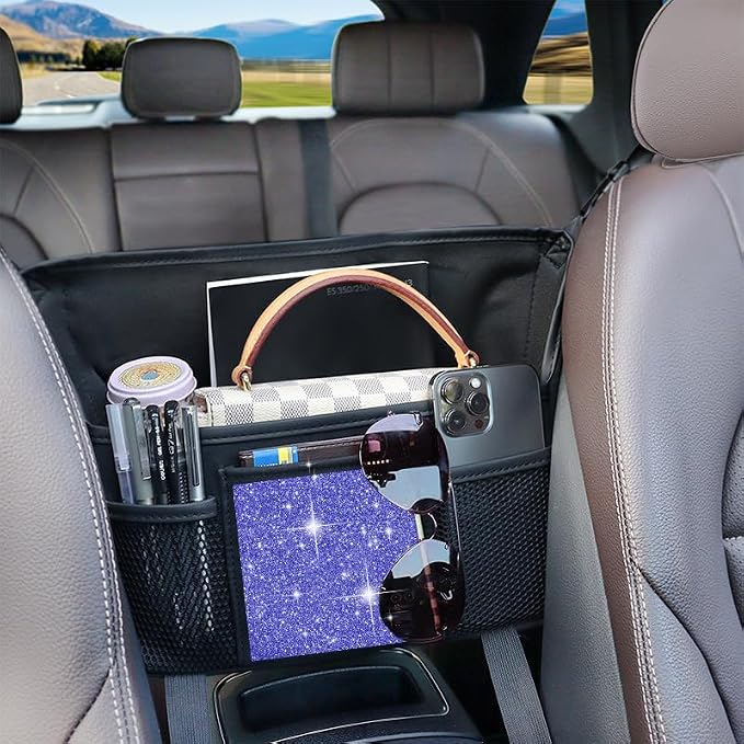 Blue Diamond Car Handbag Holder Between Seats Bling Rhinestone Car Storage Bag Large Capacity Purse Phone Tablet Automotive Consoles Organizer Safe Barrier of Backseat Pet Kids…