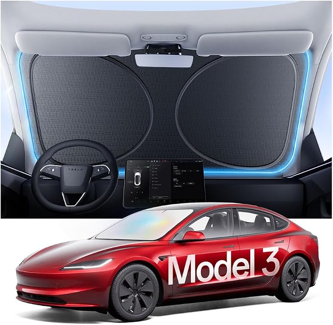 Windshield Sun Shade for Tesla Model 3 2016-2026 (Highland), 100% UV Block & Heat Insulation, Custom Fit Sunshade, Foldable Car Sunshade with Storage Bag, Protect Interior Accessories