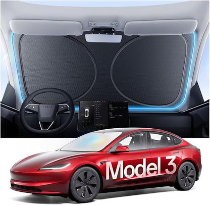 Windshield Sun Shade for Tesla Model 3 2016-2026 (Highland), 100% UV Block & Heat Insulation, Custom Fit Sunshade, Foldable Car Sunshade with Storage Bag, Protect Interior Accessories