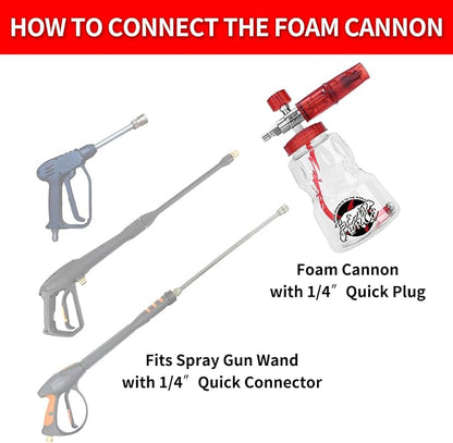 BEAR FORCE Foam Cannon Wide Mouth for Pressure Washer, Stainless Steel Heavy Duty Thick Snow Foam Lance, 360° Adjustable Soap Sprayer 1/4" Quick Connector, 1.10mm 1.25mm Orifice, 32oz Bottle, Car Wash