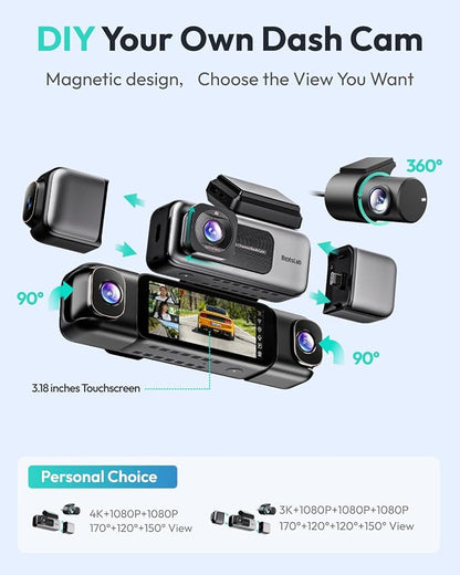 BOTSLAB 3K 4 Channel Dash Cam, 360° All-Around View, Front/Rear/Inside Car Cameras with 3.18" Touch Screen, Dash Camera 24/7 Parking Mode, Built-in GPS, 5.8GHz WiFi, Voice Control, 128GB Card Included