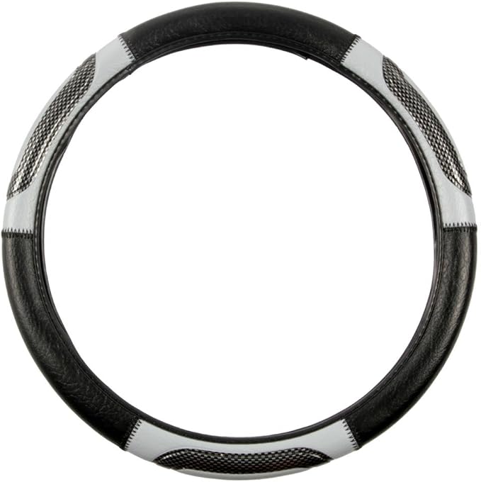 BDK Sporty Two Tone Ergonomic Grip Steering Wheel Cover - Carbon Fiber Grip for Standard Size Wheels 14.5-15 inch Gray/Black